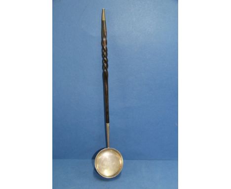 A Scottish provincial silver toddy ladle, by A.D ?, Dundee, having twisted whalebone handle, 35.5cm