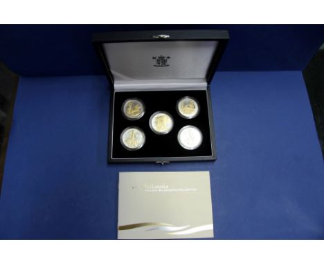 A cased Royal Mint 2006 Britannia Golden Silhouette Collection silver and gold plated five two pound coin set.   Condition Re