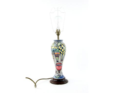 Moorcroft pottery 'Up and Away,'  lamp base designed by Paul Hilditch, 2011, depicting hot air balloons, one with tubelined M