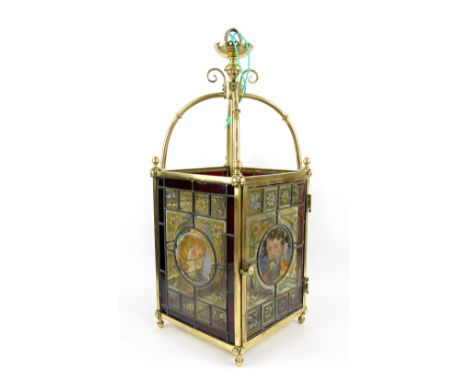 Antique brass and leaded glass lantern form ceiling light, each circular panel painted with a allegorical figure, bordered by