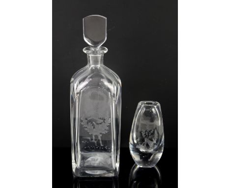 Orrefors  glass spirit decanter with engraving of Romeo and Juliette, by Nils Landberg, and a Kosta glass vase with deer engr