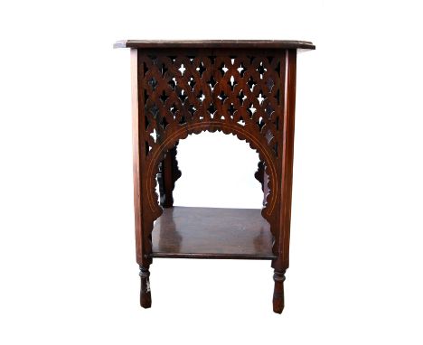 Rosewood two tier table with Moorish arch fretwork, C 1900, height 66 x 36 x 36 cm  .    