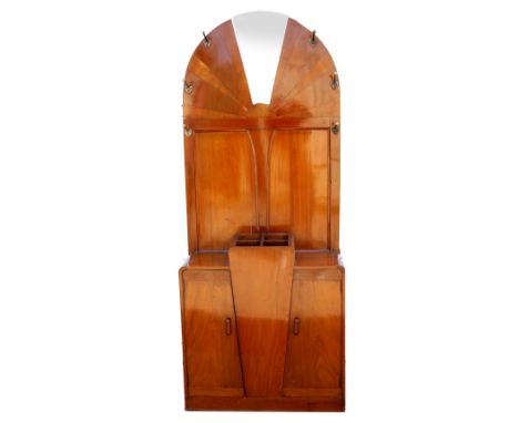  Art Deco mahogany  hall stand with arch top, umbrella stand and shoe cabinet, C 1930 Made for a London House in 1934,   .   