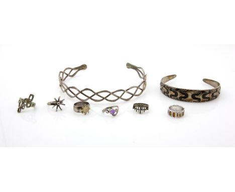 David Andersen Norway, a silver Viking bangle, a silver open weave collar, maker DL, London 1973, and six silver rings, vario