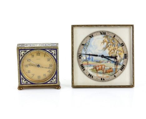 Two Art Deco period clocks, an enamel cased clock by Kienzle, and a Swiss 8 day clock, the central dial painted with a pastor