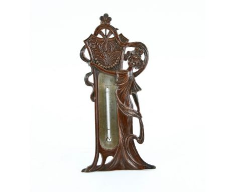 Art Nouveau copper desk thermometer, cast as a young woman, 26.5cm high,.    