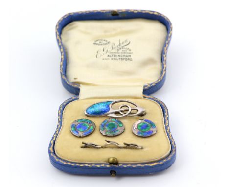 Charles Horner enamel brooch button set, blue and green enamel, brooch measuring 3.2 x 1.1cm, three buttons, all mounted in s