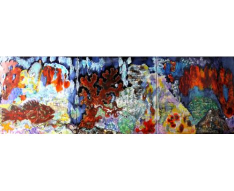 Contemporary hand painted three tile wall plaque of abstract style depicting a coral reef, signed R Borday, 120cm x 40cm..   