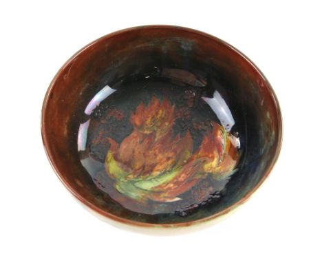 Moorcroft flambe blackberry and leaf  pattern bowl, monogram in blue for William Moorcroft, C 1930, 18.5 cm diameter,  togeth