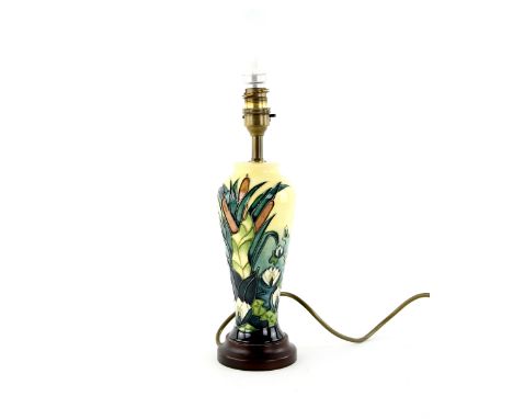Moorcroft lamia pattern lamp base, with decoration of bull rushes and water lilies, 21 cm high excluding base and fitting  . 