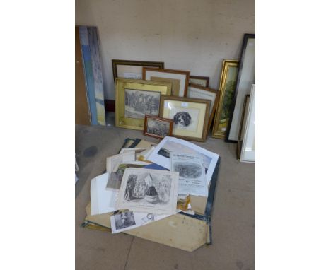 A folder of prints, engravings and ephemera and seven framed prints, engravings and drawings 