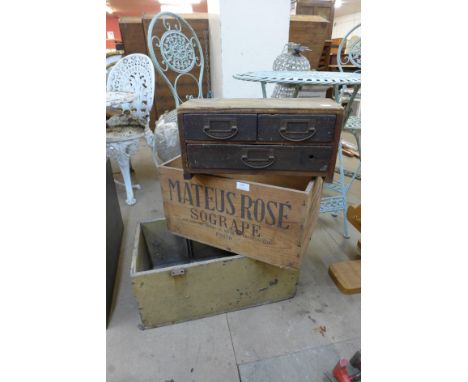 Two pine boxes and a small table top chest 