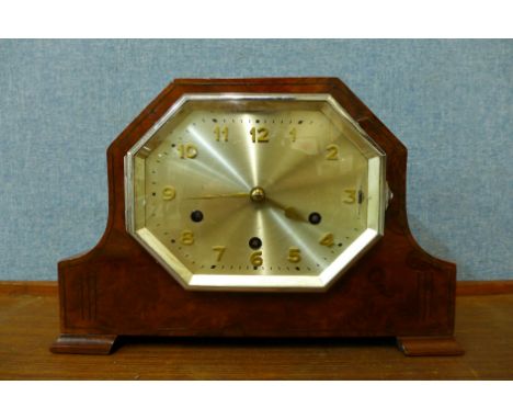 An Art Deco walnut mantel clock 
