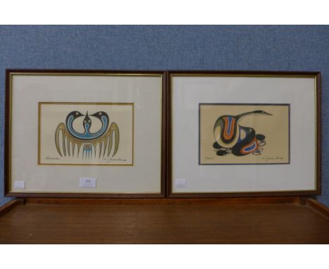 Jackson Beardy (Canadian), Protection and Communication, signed prints, dated 1975, framed 