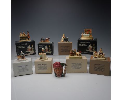 Collection of nine vintage figurines including eight pieces from Sebastian Miniatures and one Royal Doulton character jug. Th