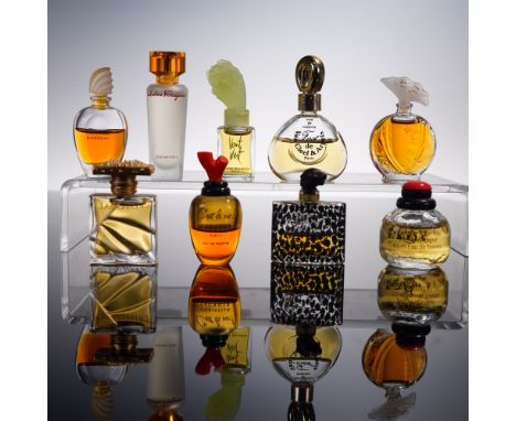 Assorted set of nine miniature perfume bottles featuring designer names such as Givenchy, Salvatore Ferragamo, and others. Hi