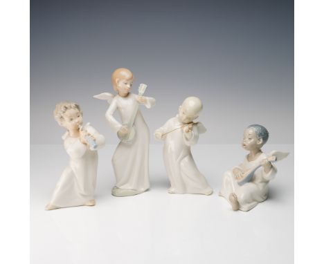 Wonderful collection of four porcelain angel musicians. The group includes three Lladro figurines, Angel with Flute 1004540, 