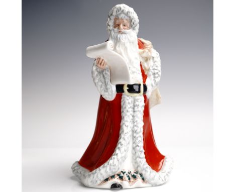 Glossy finish figure depicting Santa wearing luxurious red coat lined with fur, checking his list, and carrying a sack of pre