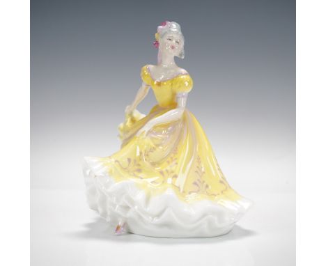 Part of Peggy Davies series. Glazed; Woman in yellow and white dress. Floral headpiece on side of head. Royal Doulton backsta