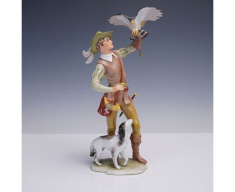 Detailed AK Kaiser porcelain figurine portraying a falconer in traditional hunting attire with a falcon perched on his gloved