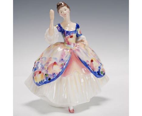Part of the Peggy Davies Classic series. Figure is dressed in blue and white gown adorned with flowers. Royal Doulton backsta