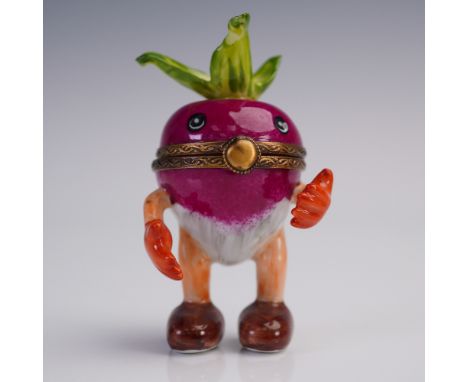 Whimsical hand-painted Limoges porcelain figural box in the form of an anthropomorphic turnip. The design features a glossy m