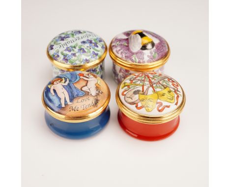 A charming set of four Halcyon Days enamel treasure boxes, each finely crafted with gilt metal mountings and distinct decorat
