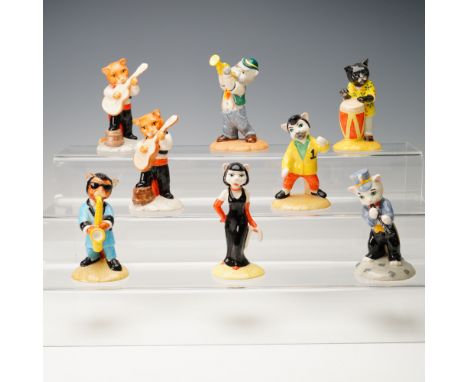 A whimsical and colorfully hand-painted group of eight cat figurines from the "Purrfect Pitch" series by Beswick, England, ea