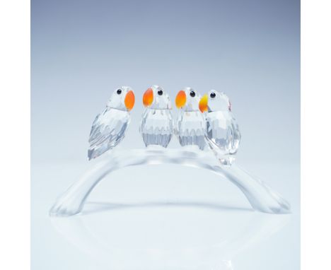 Swarovski Silver Crystal figurine featuring four lovebirds perched on a frosted crystal branch. Each bird is intricately face