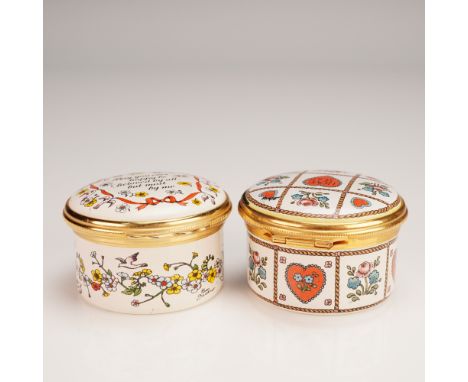 A charming pair of English Halcyon Days Enamels Valentine's Day boxes, each featuring sentimental inscriptions and romantic f