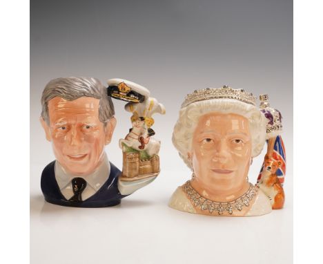 This pair of Royal Doulton large character jugs includes Queen Elizabeth II D7256, issued as the Character Jug of the Year 20