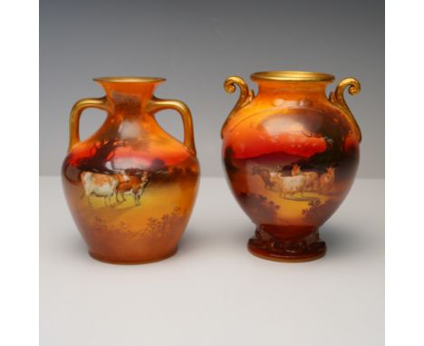 These two Royal Doulton porcelain vases from England each feature richly detailed pastoral scenes hand-painted in warm sunset