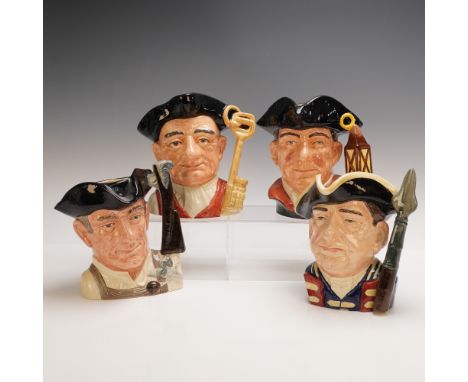 A 4-piece set of Royal Doulton ceramic character jugs from the Williamsburg series, each featuring expressive colonial figure