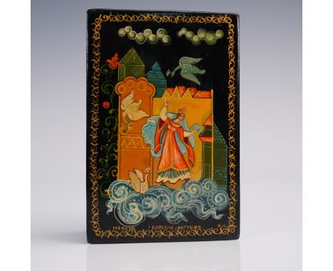 Russian hand painted lacquer jewelry box featuring the Snow Maiden amid swirling clouds, birds, and palace architecture. Rich