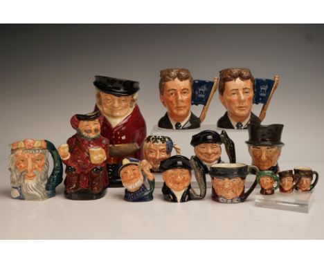 A vibrant 14-piece assortment of Royal Doulton character and Toby jugs spanning miniature to large sizes, showcasing a rich a