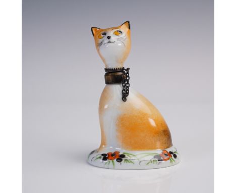 Whimsical hand-painted Limoges porcelain perfume bottle shaped as a seated orange cat with detailed floral decoration around 