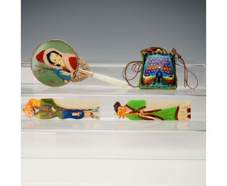 A four-piece grouping of Asian vanity and personal accessories, including a hand mirror with reverse painted glass depicting 