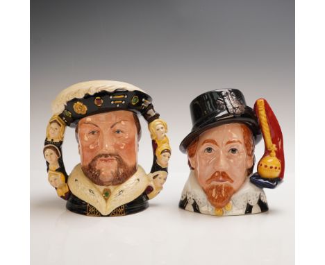This pair of Royal Doulton limited edition character jugs includes King Henry VIII D6888 and King James I D7181, both expertl