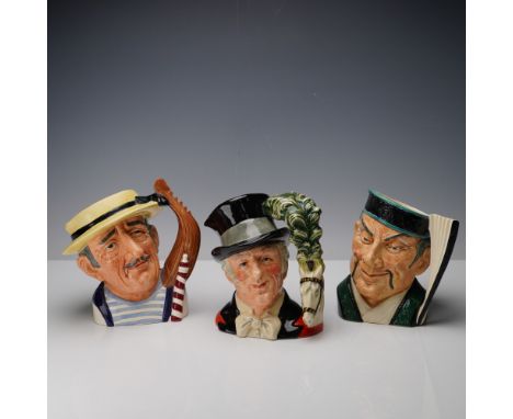 Set of three Royal Doulton character jugs including The Mikado D6501, Gondolier D6589, and The Ring Master D6863. Each jug is