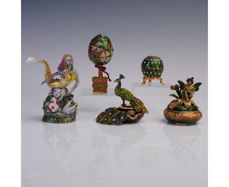 A collection of five decorative trinket boxes, each intricately enameled and set with rhinestones or faux jewels. Includes a 