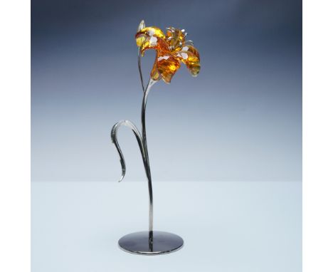 Elegant Swarovski crystal Dillia Topaz Exotic Flower figurine featuring rich amber-hued faceted petals and a sleek silver-ton
