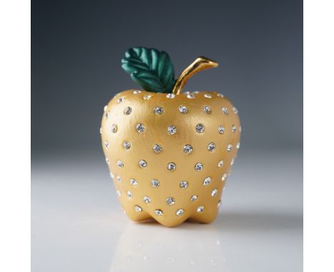 Charming Rucinni keepsake box in the form of a golden apple, adorned all over with clear crystals and topped with a sculpted 