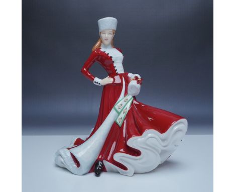 This Royal Doulton Pretty Ladies figurine, titled Christmas Day, features a lady elegantly dressed in a red and white festive