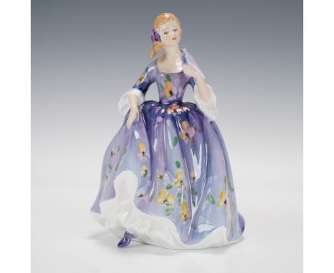 Part of the Peggy Davies Classic series. She wears a purple dress with yellow flowers, holding a bird. Royal Doulton backstam