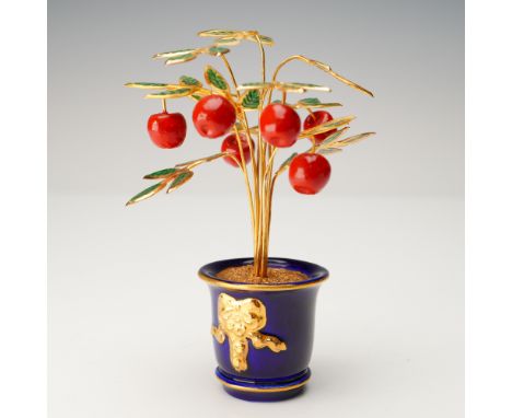 Porcelain and gilt metal miniature apple tree by the House of Faberge for the Franklin Mint, featuring bright red enameled ap