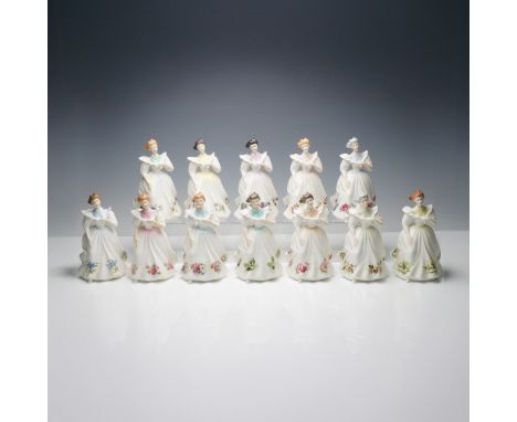 This set of twelve Royal Doulton figurines represents the Figure of the Month series, each corresponding to a calendar month.