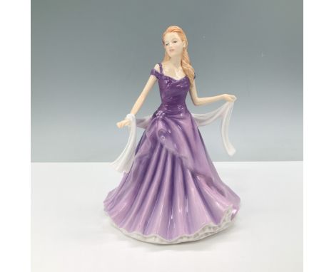 Royal Doulton Amanda HN 5601 fine bone china figurine, featuring a gracefully posed woman in a flowing purple gown with a whi