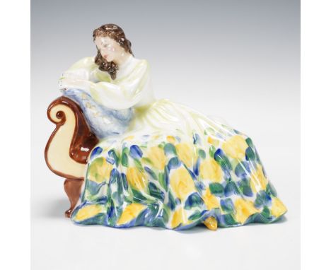 Part of the Peggy Davies Classics series. Seated lady in floral patterned green dress, a white cat by her side. Royal Doulton
