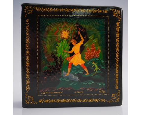 This finely crafted Russian lacquer box features a vivid hand-painted scene from the folk tale of Danila the Master, attribut