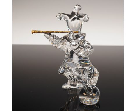 Clear crystal figurine by Baccarat designed by Jean Boggio (Algerian, b. 1963), depicting a jester in dynamic pose. The jeste